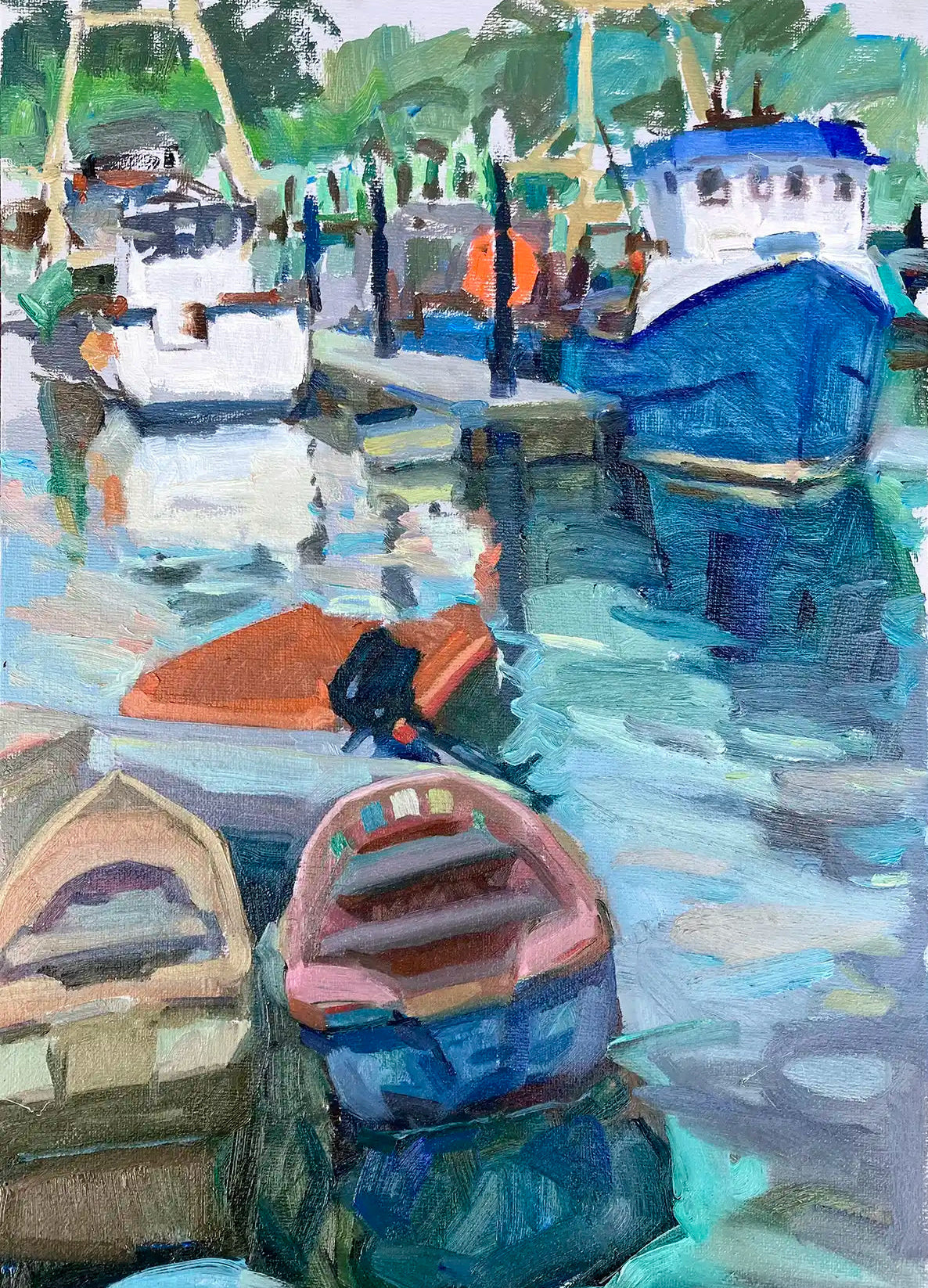 Painting of boats docked at a marina with reflections in the water.