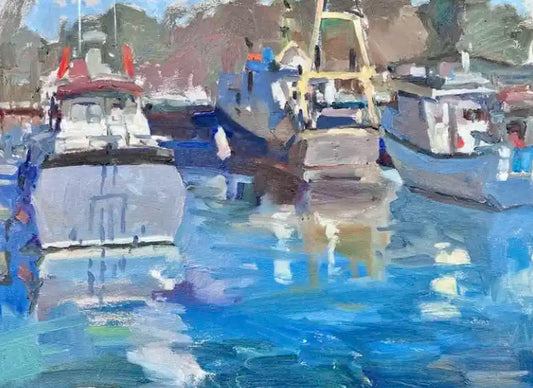 Harbor scene with boats reflected in water, painted style